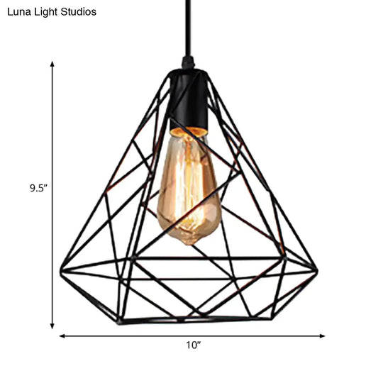 Hanging Diamond Shade Metal Kitchen Ceiling Light With Farmhouse Style And Wire Frame In Black