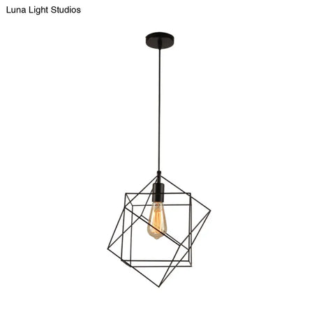 Hanging Industrial Black Metal Pendant Light - 1 Structural Cubic Design For Dining Room