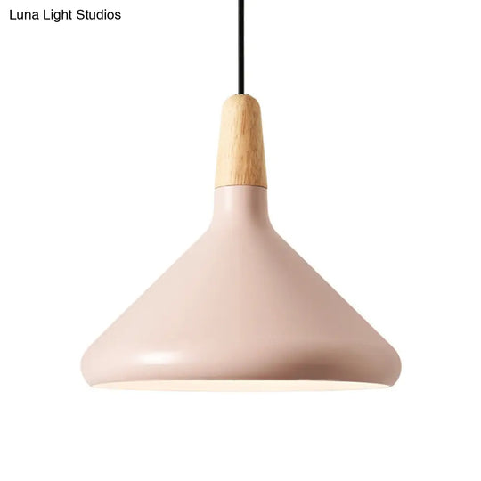 Hanging Macaron Aluminum Ceiling Light - Conical Design With 1-Bulb Pink/Gold/Grey & Wood Ideal Over