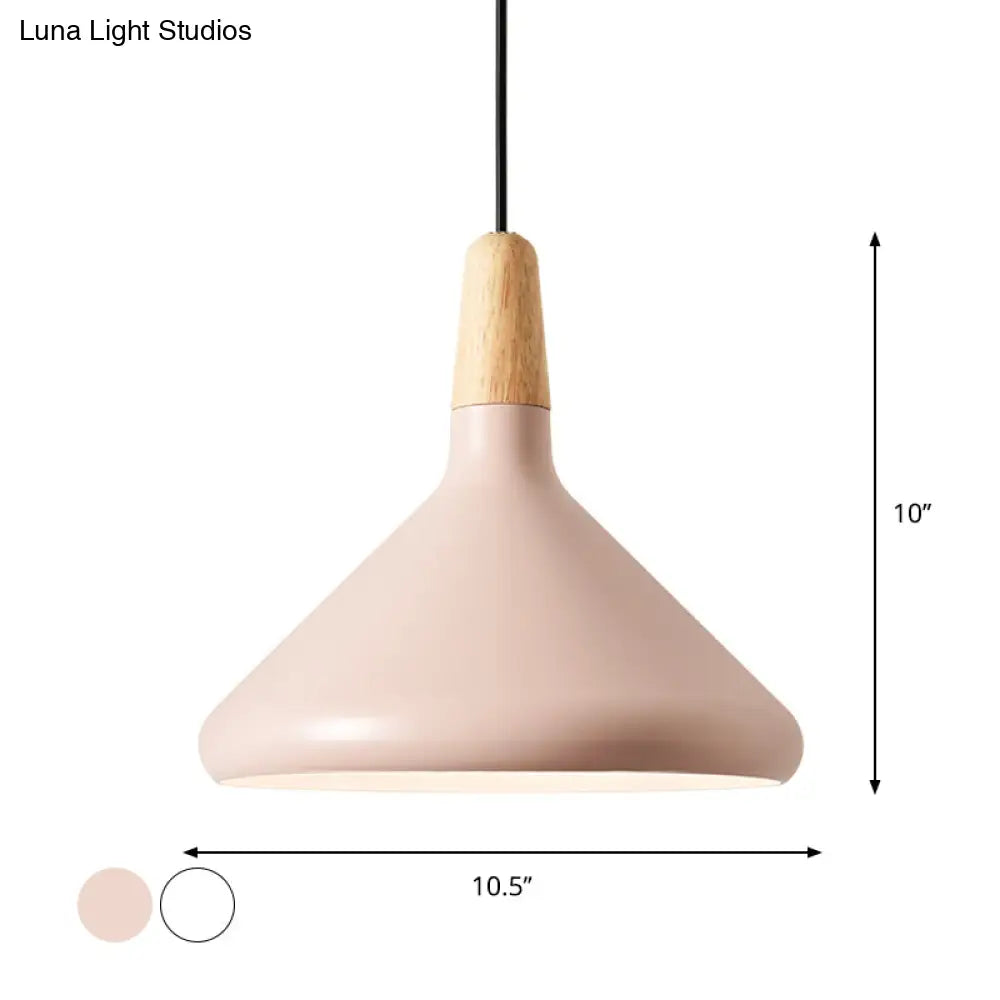 Hanging Macaron Aluminum Ceiling Light - Conical Design With 1-Bulb Pink/Gold/Grey & Wood Ideal Over