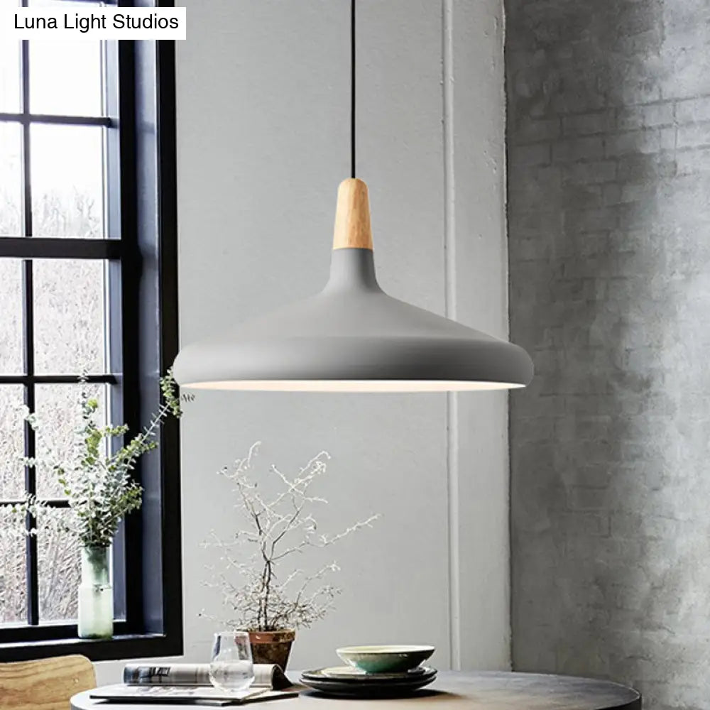 Hanging Macaron Aluminum Ceiling Light - Conical Design With 1-Bulb Pink/Gold/Grey & Wood Ideal Over