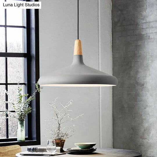 Hanging Macaron Aluminum Ceiling Light - Conical Design With 1-Bulb Pink/Gold/Grey & Wood Ideal Over