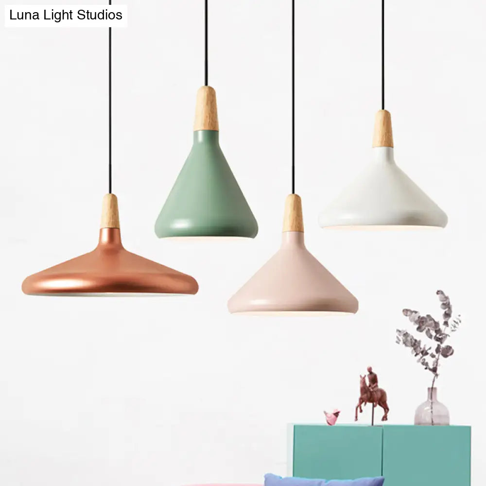 Hanging Macaron Aluminum Ceiling Light - Conical Design With 1-Bulb Pink/Gold/Grey & Wood Ideal Over