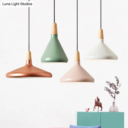 Hanging Macaron Aluminum Ceiling Light - Conical Design With 1-Bulb Pink/Gold/Grey & Wood Ideal Over