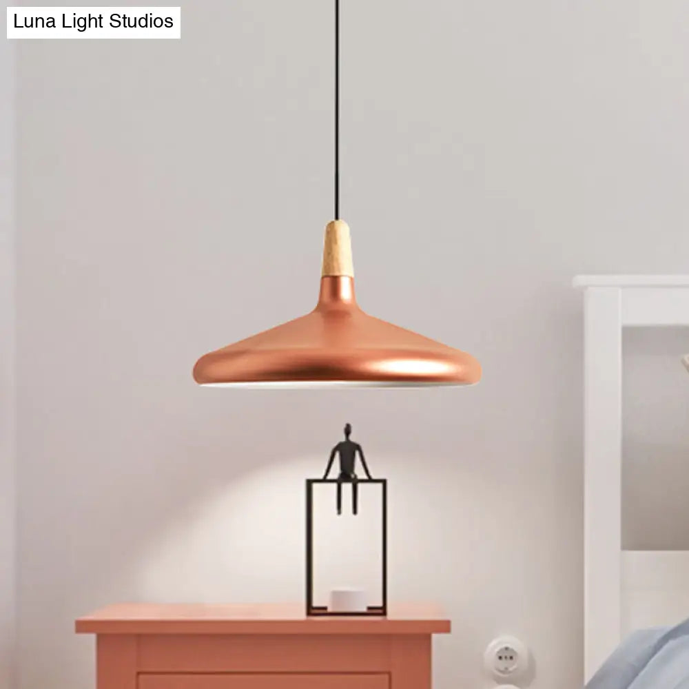 Hanging Macaron Aluminum Ceiling Light - Conical Design With 1-Bulb Pink/Gold/Grey & Wood Ideal Over