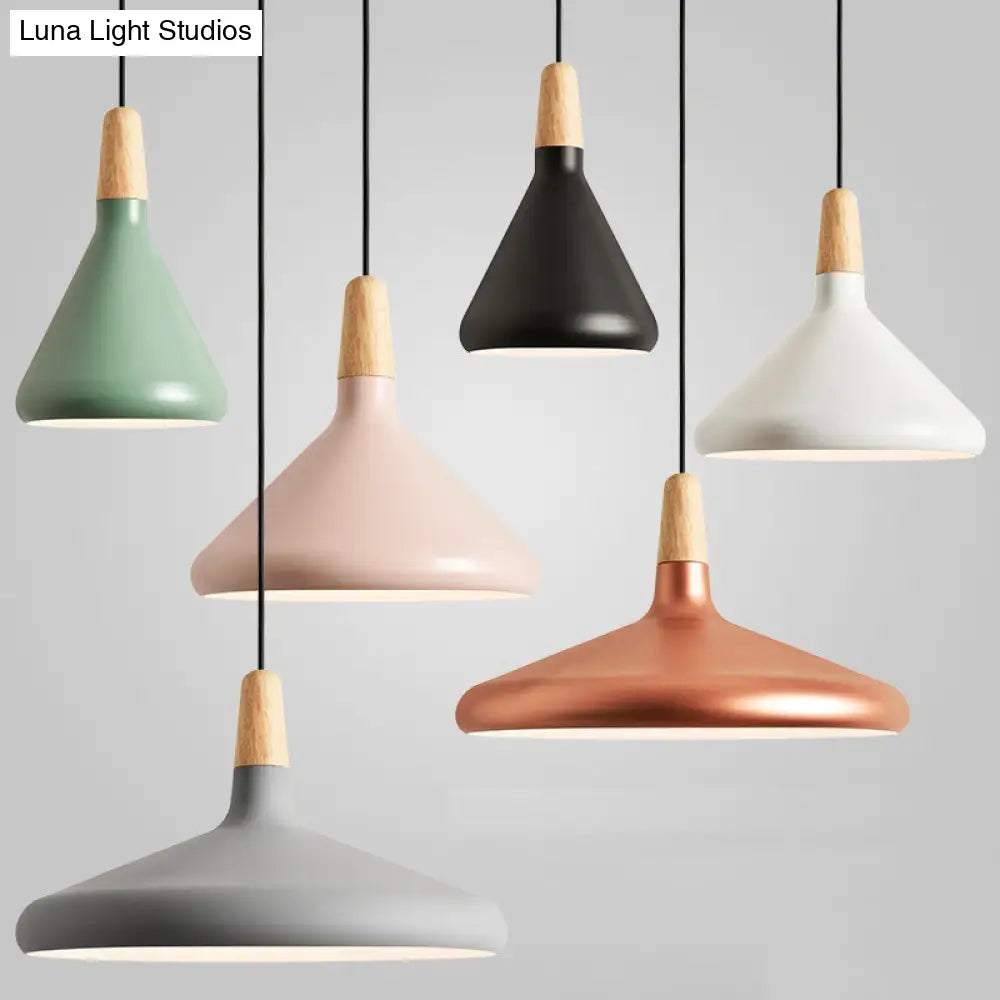 Hanging Macaron Aluminum Ceiling Light - Conical Design With 1-Bulb Pink/Gold/Grey & Wood Ideal Over