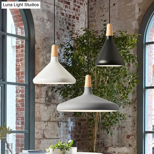 Hanging Macaron Aluminum Ceiling Light - Conical Design With 1-Bulb Pink/Gold/Grey & Wood Ideal Over