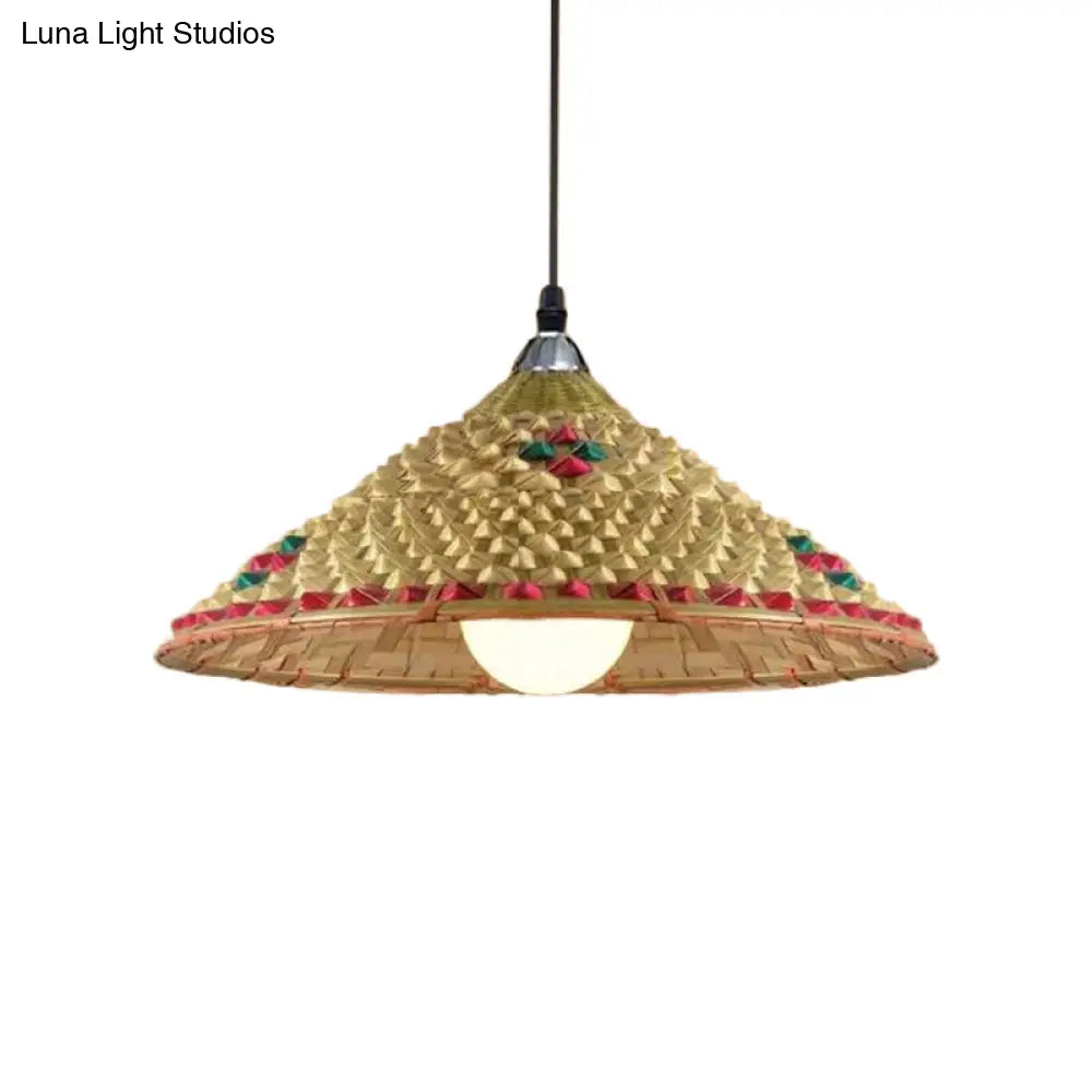 Hanging Rustic Bamboo Pendant Lamp With Hat-Shaped Shade - Perfect For Dining Tables!