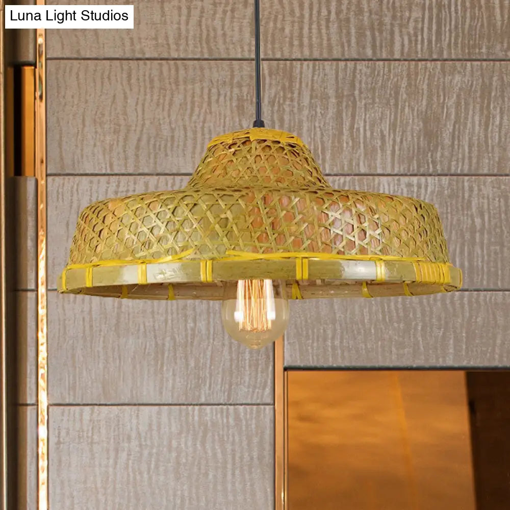 Hanging Rustic Bamboo Pendant Lamp With Hat-Shaped Shade - Perfect For Dining Tables!