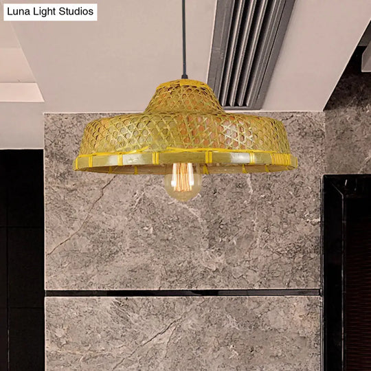 Hanging Rustic Bamboo Pendant Lamp With Hat-Shaped Shade - Perfect For Dining Tables!