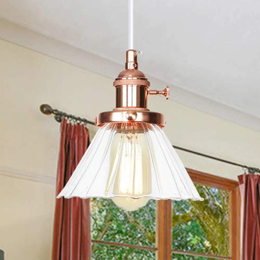 Height-Adjustable 1-Light Industrial Conic Pendant Lamp With Amber/Clear Glass For Coffee Shops -