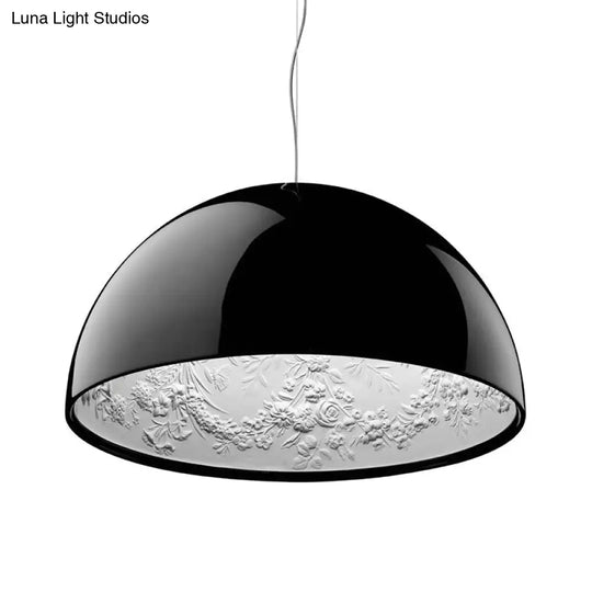 Black/White Hemispherical Resin Pendulum Light Industrial Pendant Lamp With Carved Rose - Single