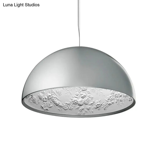 Black/White Hemispherical Resin Pendulum Light Industrial Pendant Lamp With Carved Rose - Single