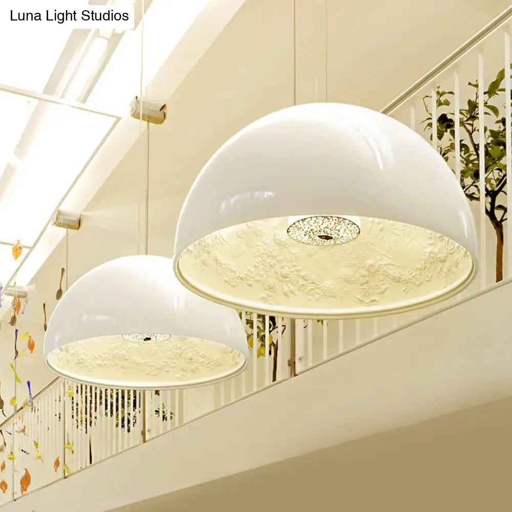 Black/White Hemispherical Resin Pendulum Light Industrial Pendant Lamp With Carved Rose - Single