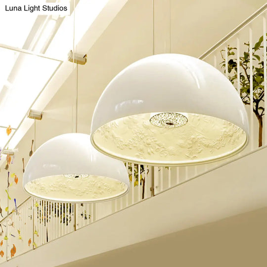 Black/White Hemispherical Resin Pendulum Light Industrial Pendant Lamp With Carved Rose - Single