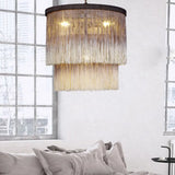 Hemp Fringe Coffee Suspension Light Retro Style Chandelier With 4 Bulbs And Layered Drum Design