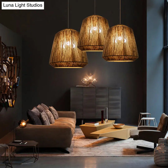 Hemp Rope Barrel Pendant Light In Rustic Grey For Restaurants And Living Rooms