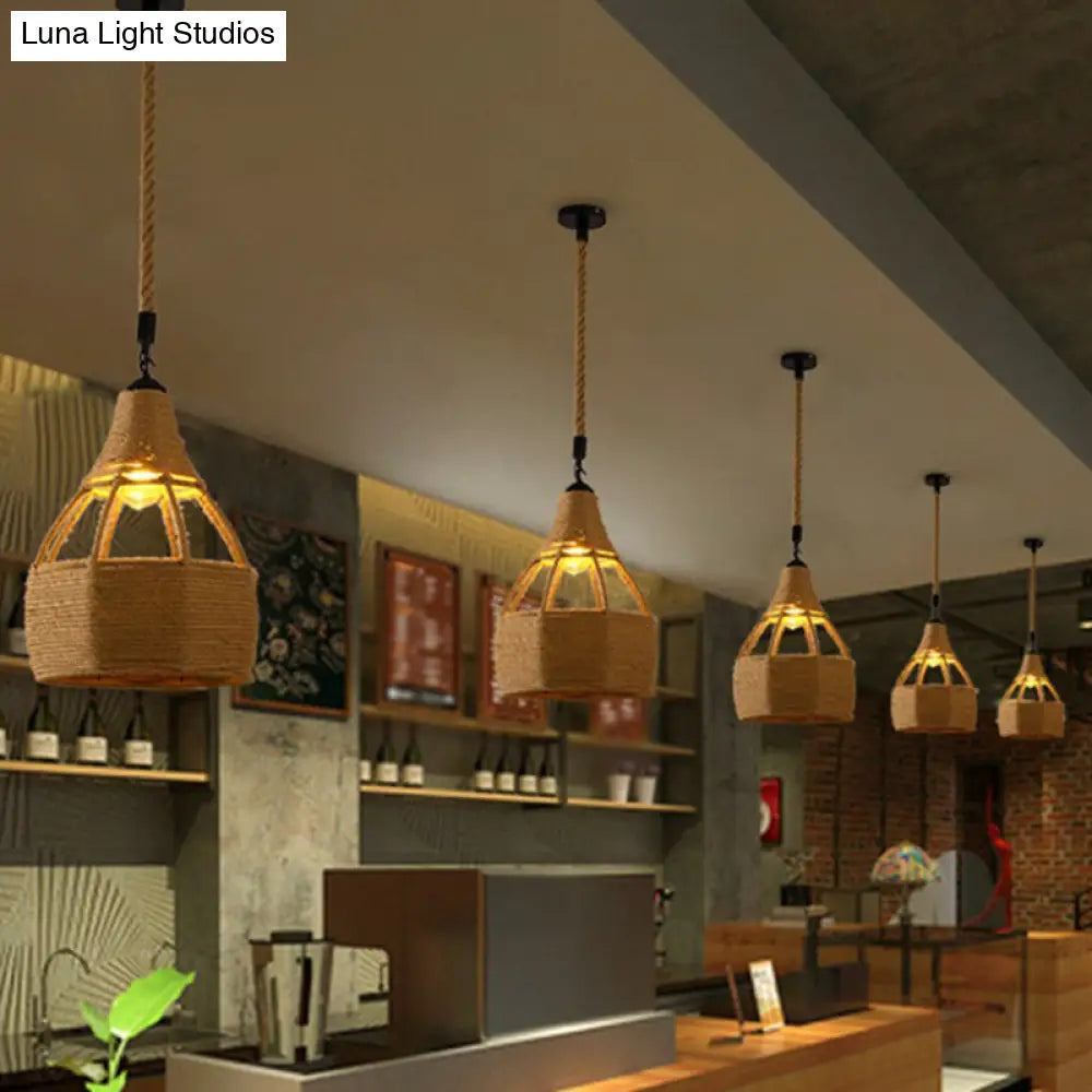Hemp Rope Caged Pendant Light - Vintage Single-Bulb Hanging Fixture For Restaurants In Brown