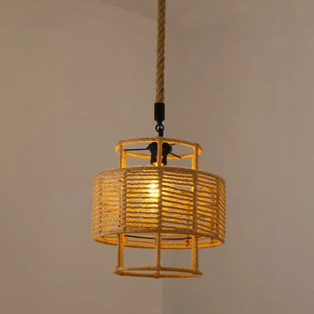 Hemp Rope Caged Pendant Light - Vintage Single-Bulb Hanging Fixture For Restaurants In Brown / C