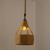 Hemp Rope Caged Pendant Light - Vintage Single-Bulb Hanging Fixture For Restaurants In Brown / K