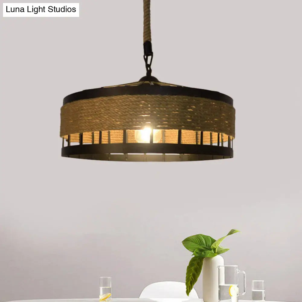 Hemp Rope Drum Suspended Light - Country Style Hanging Lamp (12/16) Beige / 16 B