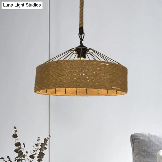 Hemp Rope Drum Pendant Light Country Style 12’/16’ Wide 1-Head Restaurant Hanging Lamp Beige
