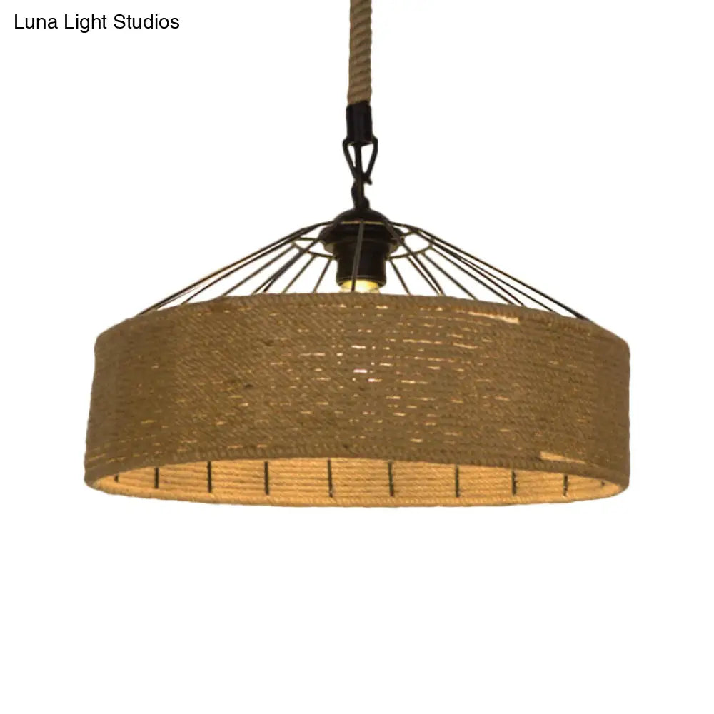 Hemp Rope Drum Suspended Light - Country Style Hanging Lamp (12/16) Beige