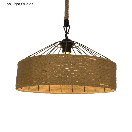 Hemp Rope Drum Suspended Light - Country Style Hanging Lamp (12/16) Beige