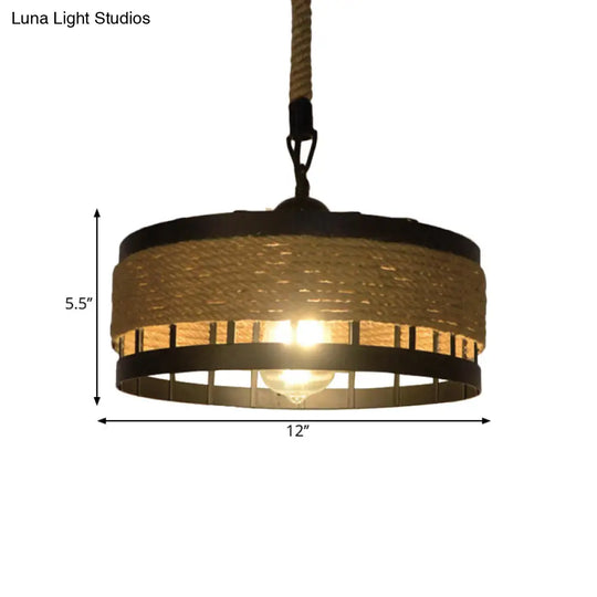 Hemp Rope Drum Pendant Light Country Style 12’/16’ Wide 1-Head Restaurant Hanging Lamp Beige