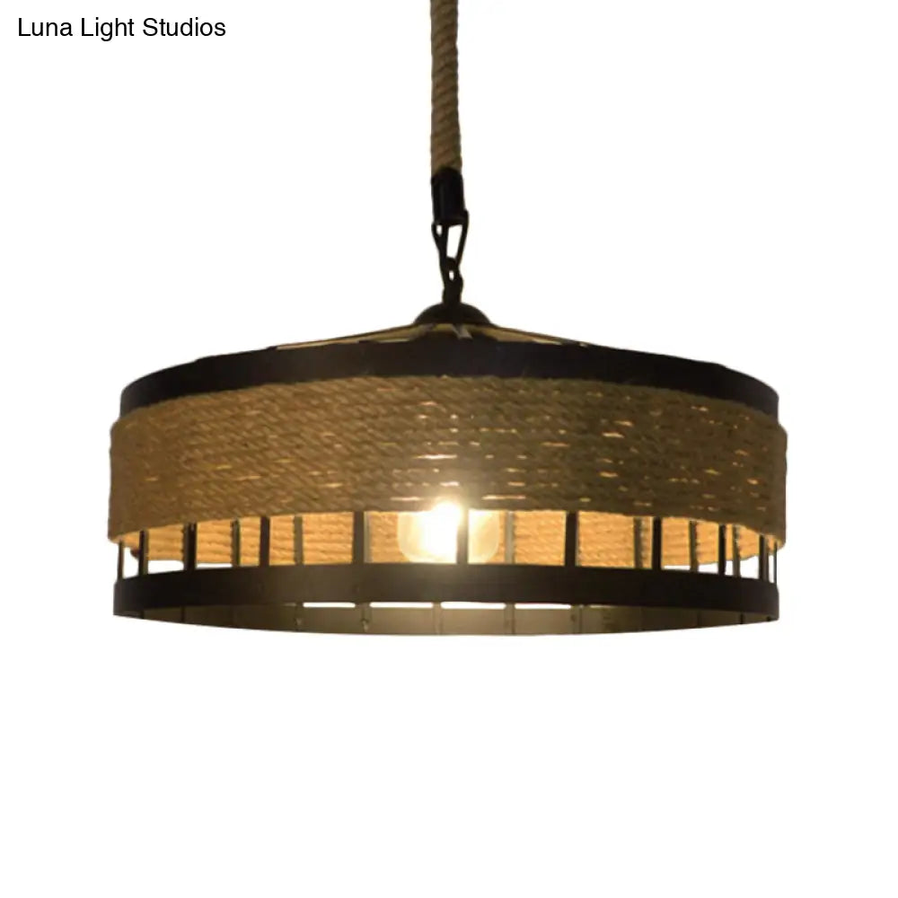 Hemp Rope Drum Pendant Light Country Style 12’/16’ Wide 1-Head Restaurant Hanging Lamp Beige