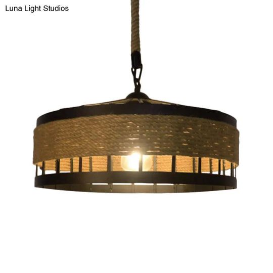 Hemp Rope Drum Pendant Light Country Style 12’/16’ Wide 1-Head Restaurant Hanging Lamp Beige