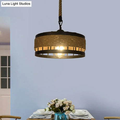 Hemp Rope Drum Pendant Light Country Style 12’/16’ Wide 1-Head Restaurant Hanging Lamp Beige
