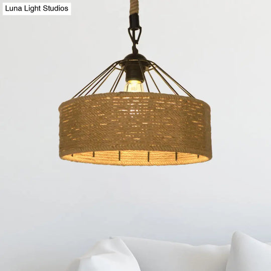 Hemp Rope Drum Pendant Light Country Style 12’/16’ Wide 1-Head Restaurant Hanging Lamp Beige