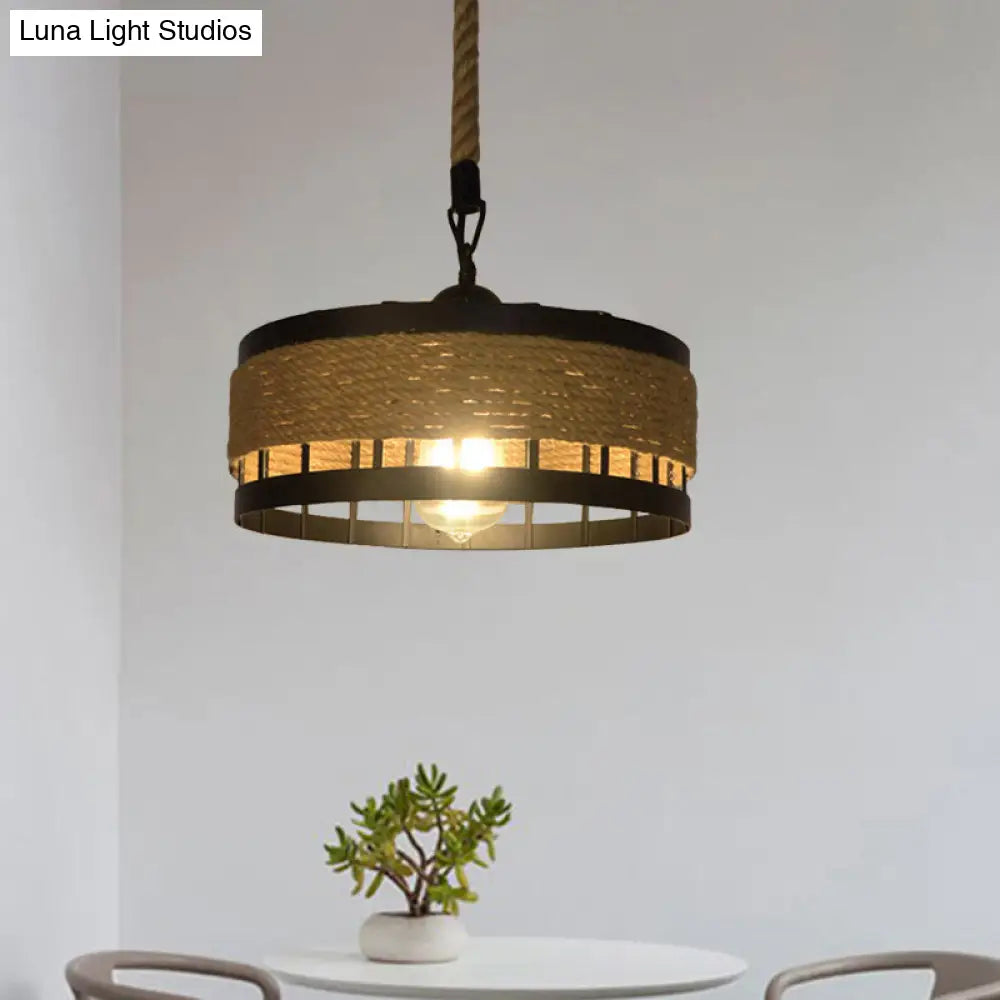 Hemp Rope Drum Suspended Light - Country Style Hanging Lamp (12/16) Beige / 12 B