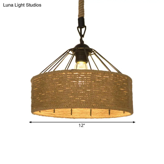 Hemp Rope Drum Suspended Light - Country Style Hanging Lamp (12/16) Beige