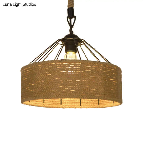 Hemp Rope Drum Pendant Light Country Style 12’/16’ Wide 1-Head Restaurant Hanging Lamp Beige