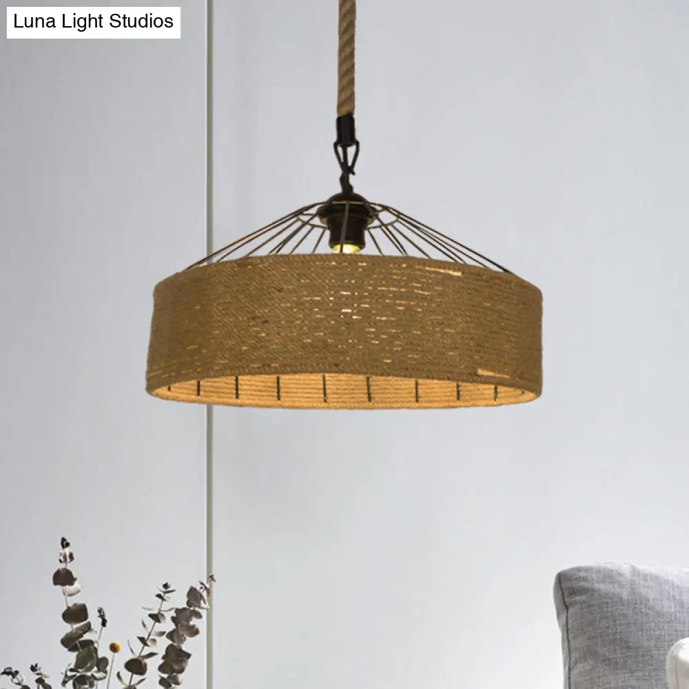 Hemp Rope Drum Pendant Light Country Style 12’/16’ Wide 1-Head Restaurant Hanging Lamp Beige
