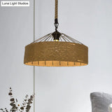 Hemp Rope Drum Pendant Light Country Style 12’/16’ Wide 1-Head Restaurant Hanging Lamp Beige