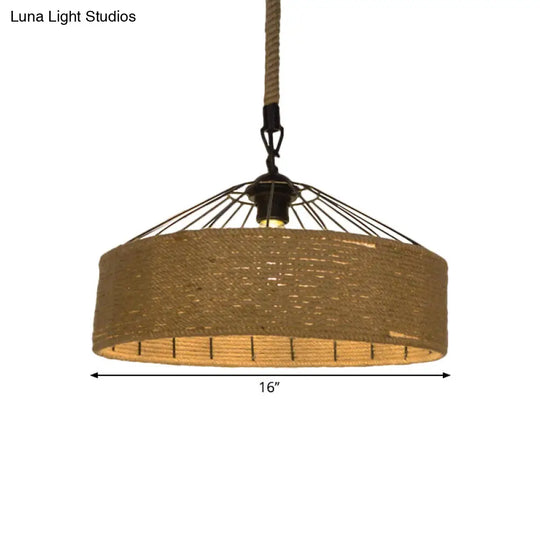 Hemp Rope Drum Suspended Light - Country Style Hanging Lamp (12/16) Beige