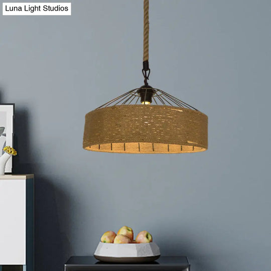 Hemp Rope Drum Suspended Light - Country Style Hanging Lamp (12/16) Beige