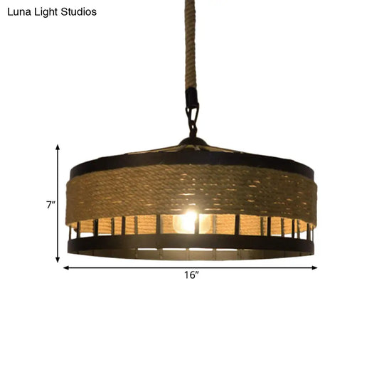 Hemp Rope Drum Pendant Light Country Style 12’/16’ Wide 1-Head Restaurant Hanging Lamp Beige