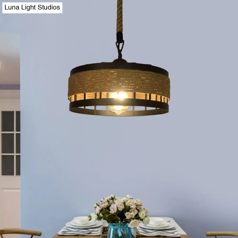 Hemp Rope Drum Pendant Light Country Style 12’/16’ Wide 1-Head Restaurant Hanging Lamp Beige