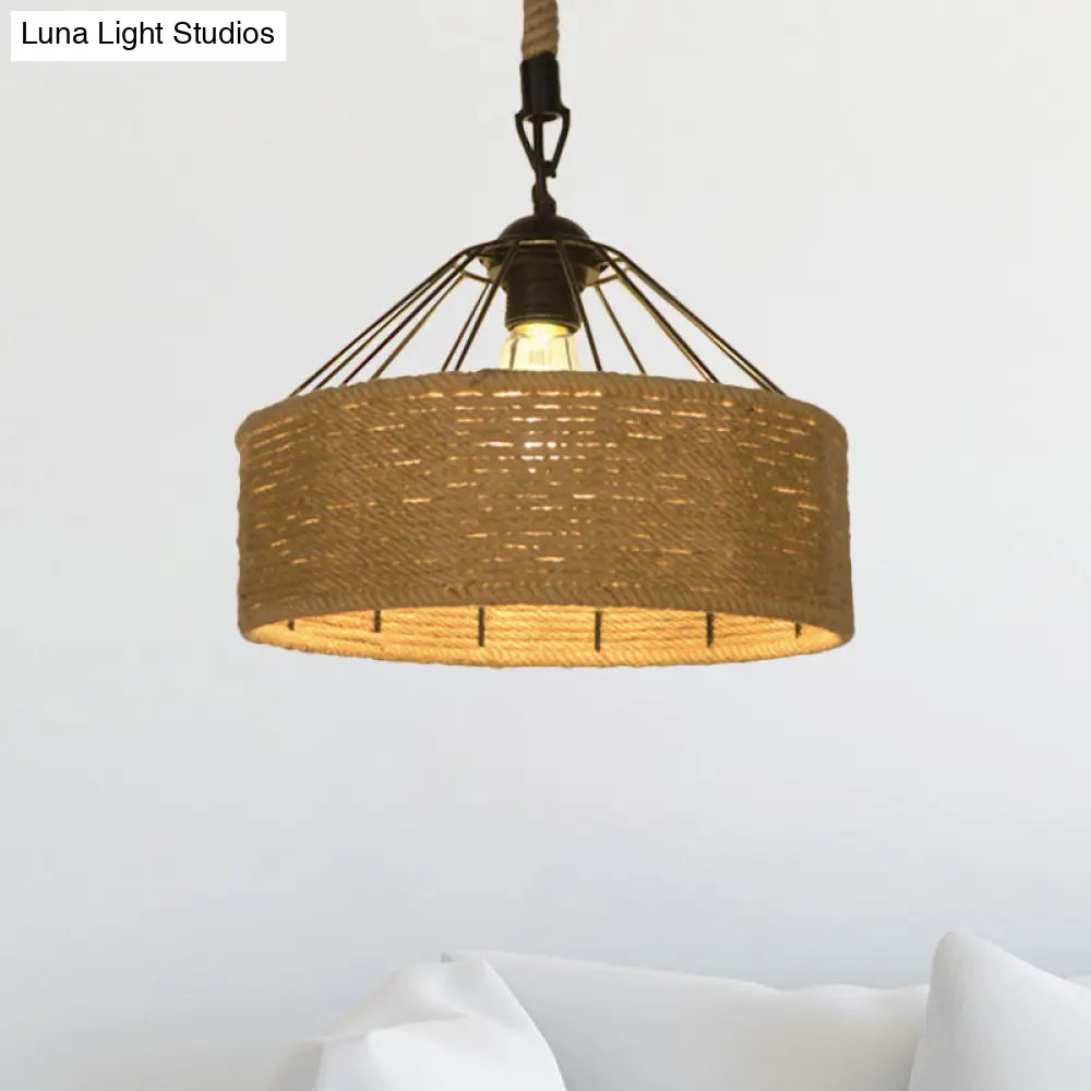 Hemp Rope Drum Suspended Light - Country Style Hanging Lamp (12/16) Beige