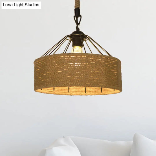 Hemp Rope Drum Suspended Light - Country Style Hanging Lamp (12/16) Beige