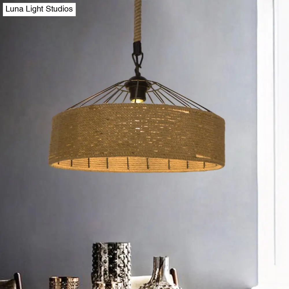 Hemp Rope Drum Suspended Light - Country Style Hanging Lamp (12/16) Beige / 16 A