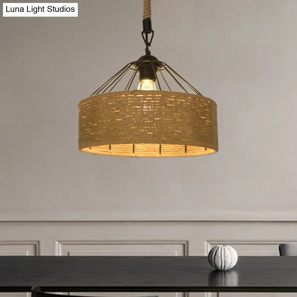 Hemp Rope Drum Suspended Light - Country Style Hanging Lamp (12/16) Beige / 12 A