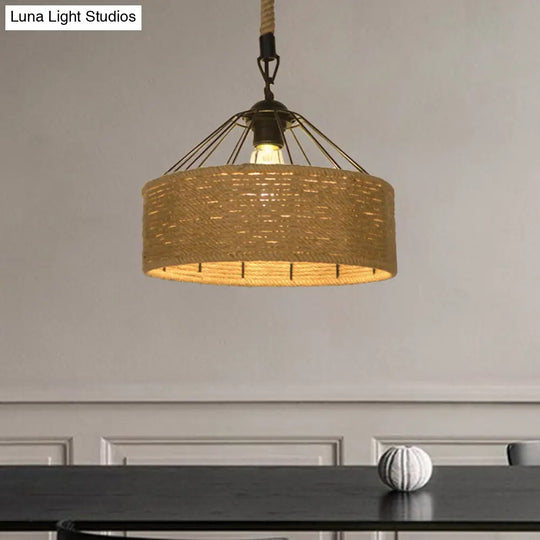 Hemp Rope Drum Suspended Light - Country Style Hanging Lamp (12/16) Beige / 12 A