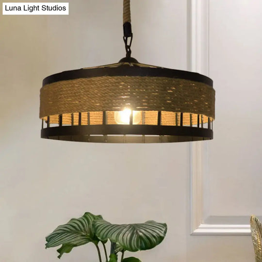Hemp Rope Drum Pendant Light Country Style 12’/16’ Wide 1-Head Restaurant Hanging Lamp Beige