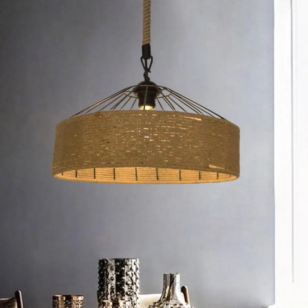 Hemp Rope Drum Pendant Light Country Style 12’/16’ Wide 1-Head Restaurant Hanging Lamp Beige / 16’ A