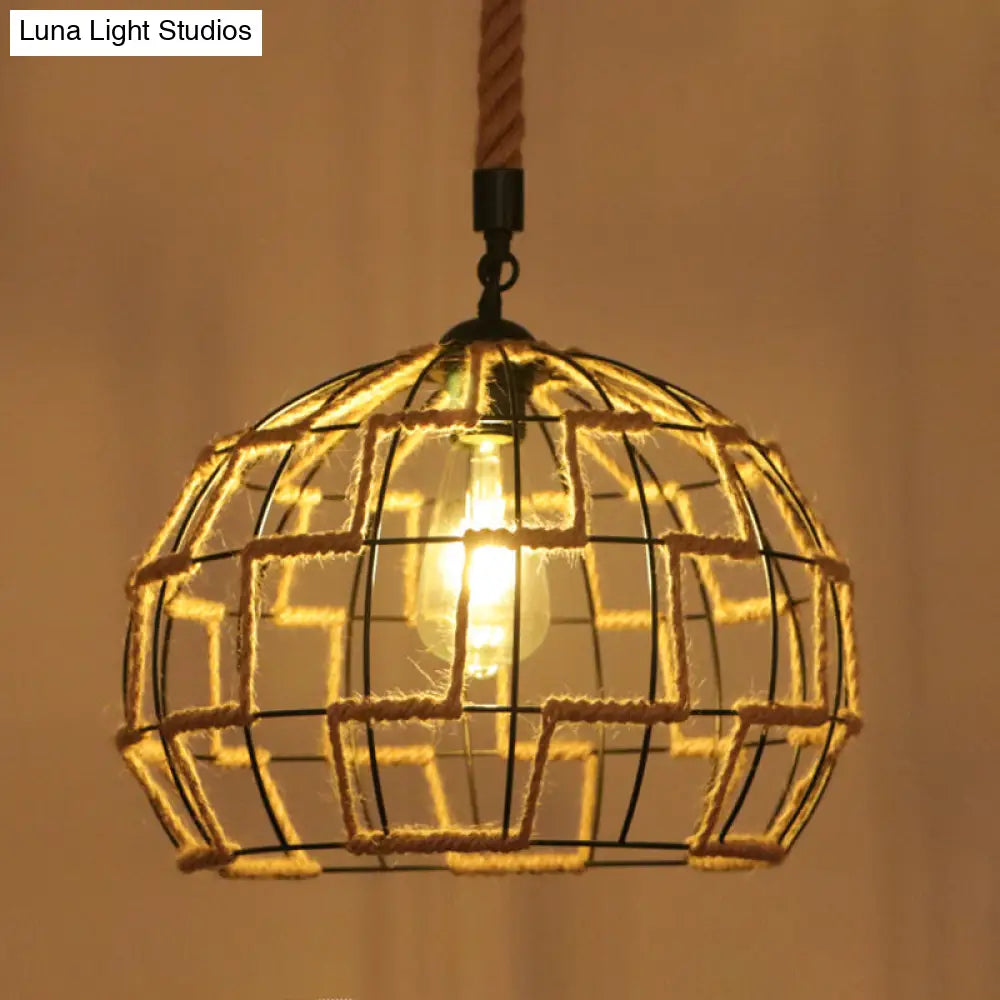 Industrial Hemp Rope Caged Ceiling Pendant Light With Flaxen Finish - Ideal For Restaurants / K
